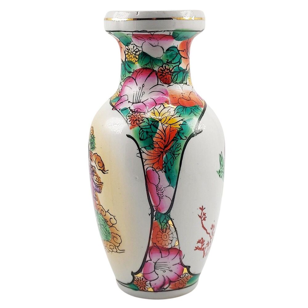 VTG 70-90's Chinese Hand Painted Enamel Geisha Peony 8.25" Vase Zhongguo Zhizao - Picture 7 of 12